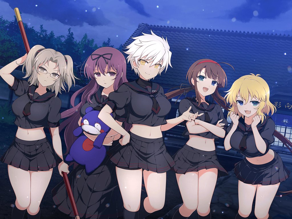 5girls, :3, ahoge, architecture, ascot, bebe-tan, bike_shorts_under_skirt, black_ascot