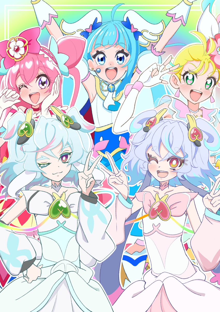 5girls, :d, ;), ;d, absurdres, akizora_(aki_precure), animal_ears, arms_up
