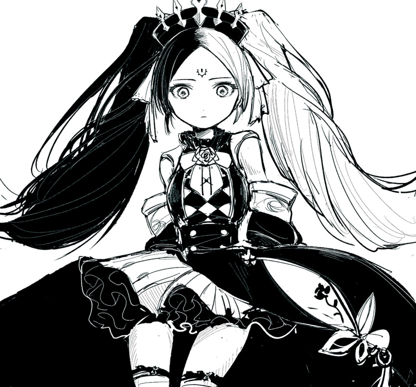 1girl, breasts, buttons, chaos_dorloto_(grimms_notes), detached_sleeves, doll_joints, expressionless, facial_mark, flower, forehead_mark, grimms_notes, hair_ribbon, highres, joints, long_hair, monochrome, multicolored_hair, namo_42222, ribbon, rose, simple_background, skirt, solo, twintails, white_background, zettai_ryouiki
