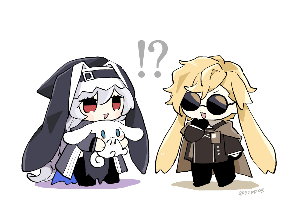!?, 1boy, 1girl, :>, animal, animal_ears, arknights, black_dress
