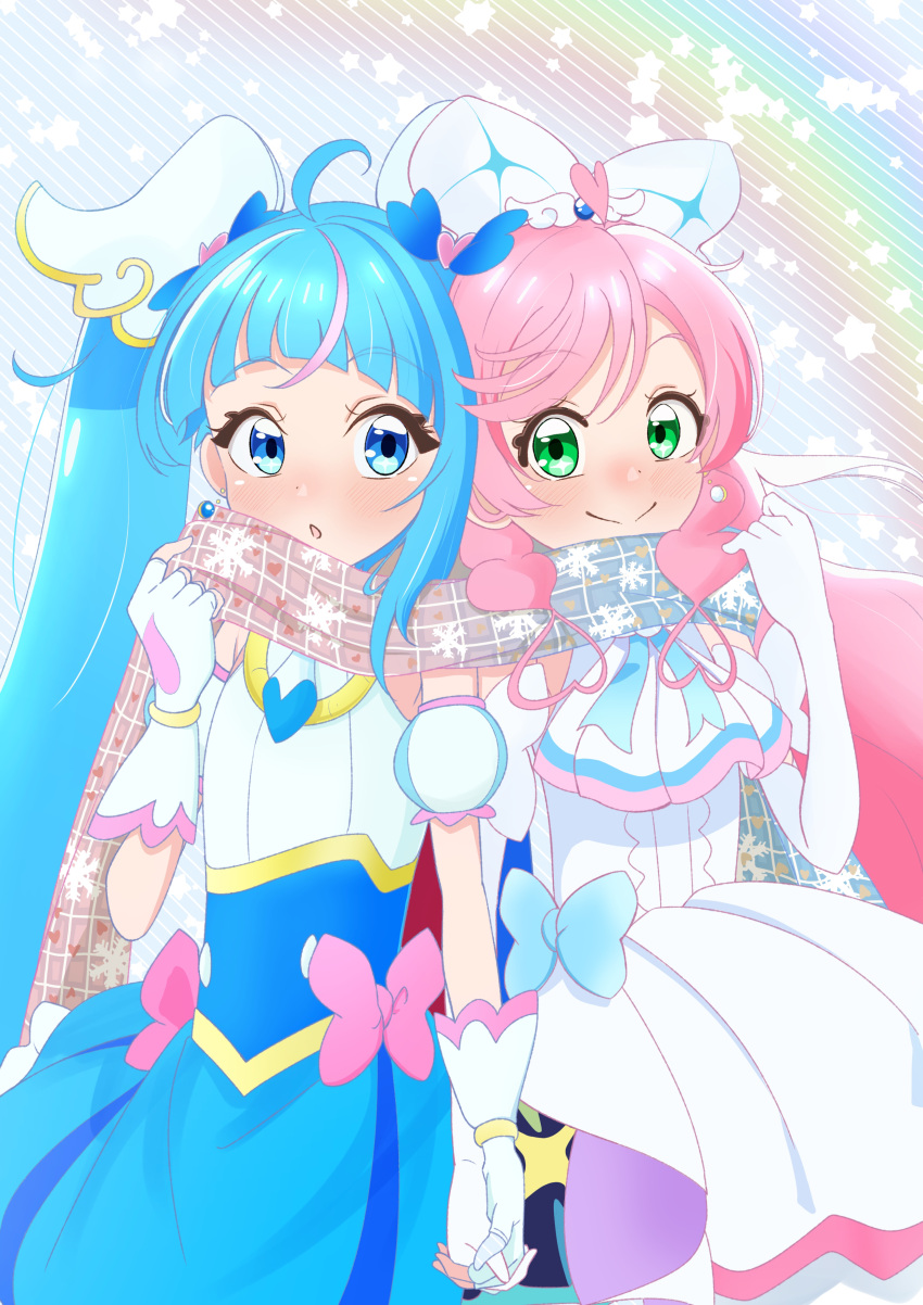 2girls, :o, absurdres, ahoge, akizora_(aki_precure), ascot, blue_dress, blue_eyes