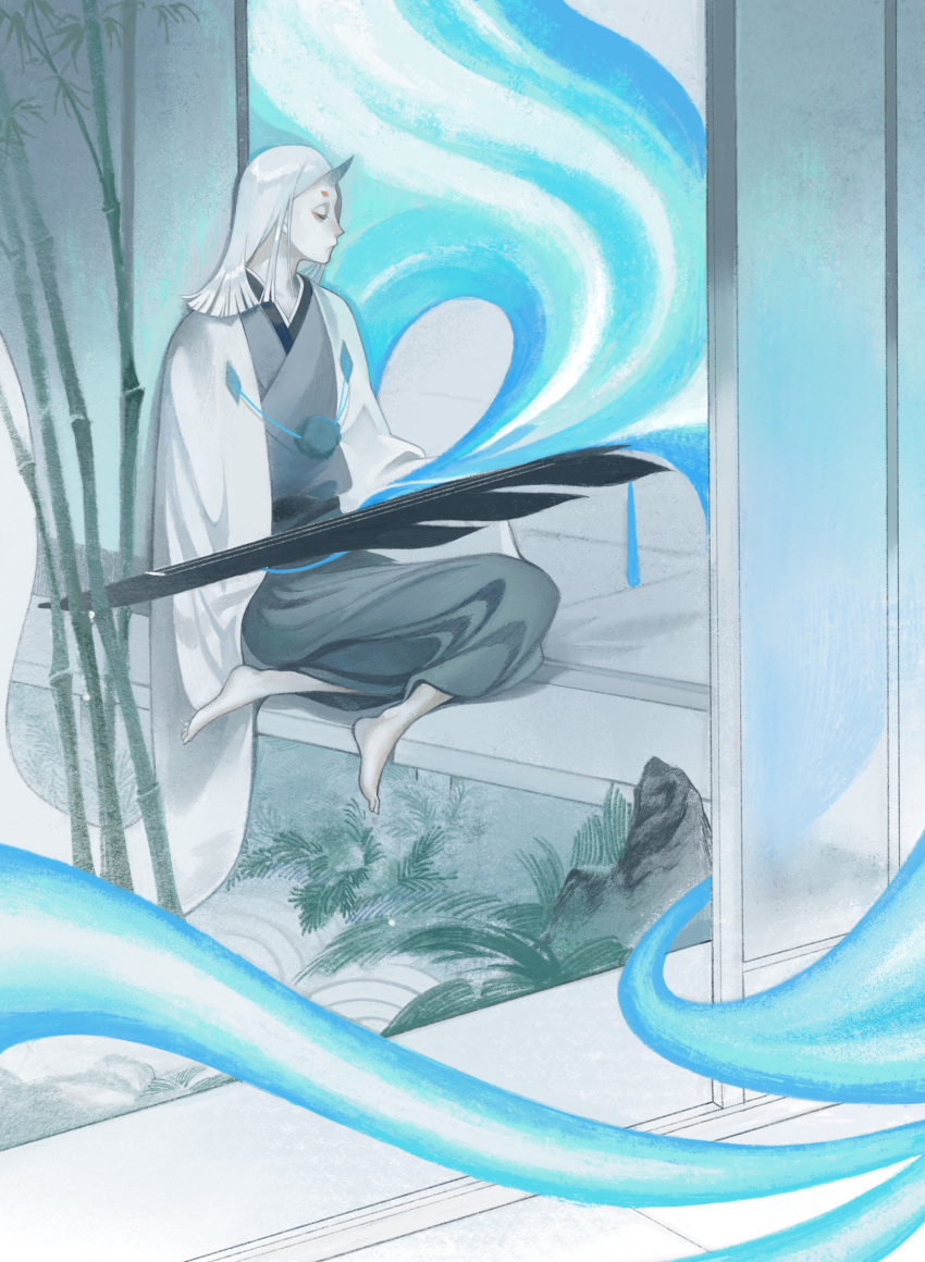 1boy, bamboo, barefoot, blue_theme, chinese_commentary, cloak, closed_mouth, dragon