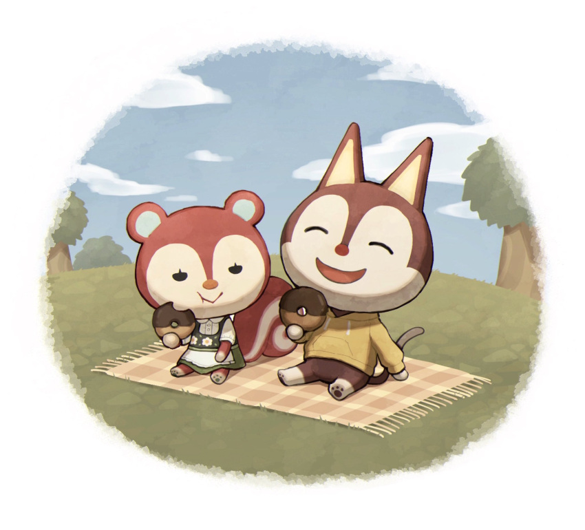 1boy, 1girl, :t, ^_^, animal_crossing, apron, blanket, blue_sky
