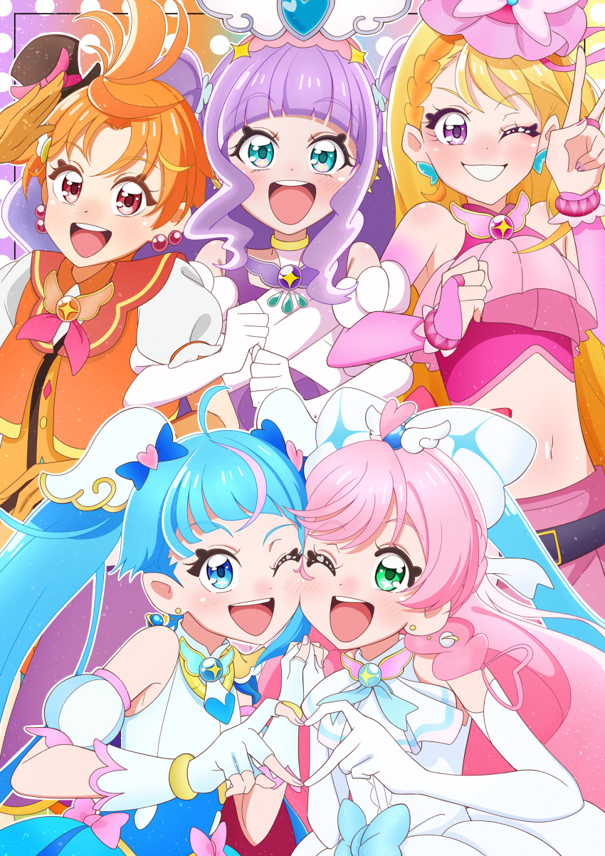 1boy, 4girls, :d, ;d, absurdres, akizora_(aki_precure), aqua_eyes, ascot