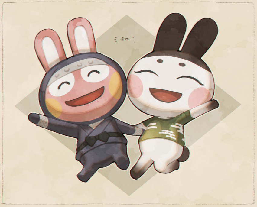 2boys, :d, ^_^, animal_crossing, arm_up, black_bow, black_sash, blue_kimono