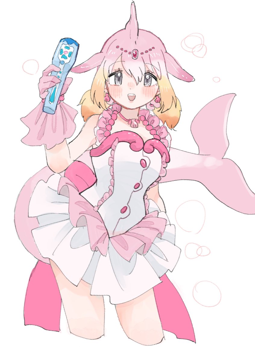 1girl, blowhole, blush, cetacean_tail, chinese_white_dolphin_(kemono_friends), cosplay, cowboy_shot, dolphin_girl