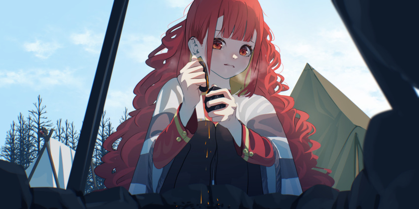 1girl, black_pantyhose, blue_sky, blunt_bangs, breath, campfire, camping, center-flap_bangs, clouds, cloudy_sky, commentary_request, curly_hair, day, dot_nose, eyelashes, firemaking, flintstone, forest, holding_flintstone, jacket, knees_to_chest, long_hair, long_sleeves, looking_down, nature, original, outdoors, pantyhose, parted_lips, red_shirt, redhead, shirt, sky, solo, sparks, striped_clothes, striped_jacket, tent, tree, white_jacket, wide_sleeves, winter, yamaharu_(xxzf7284)