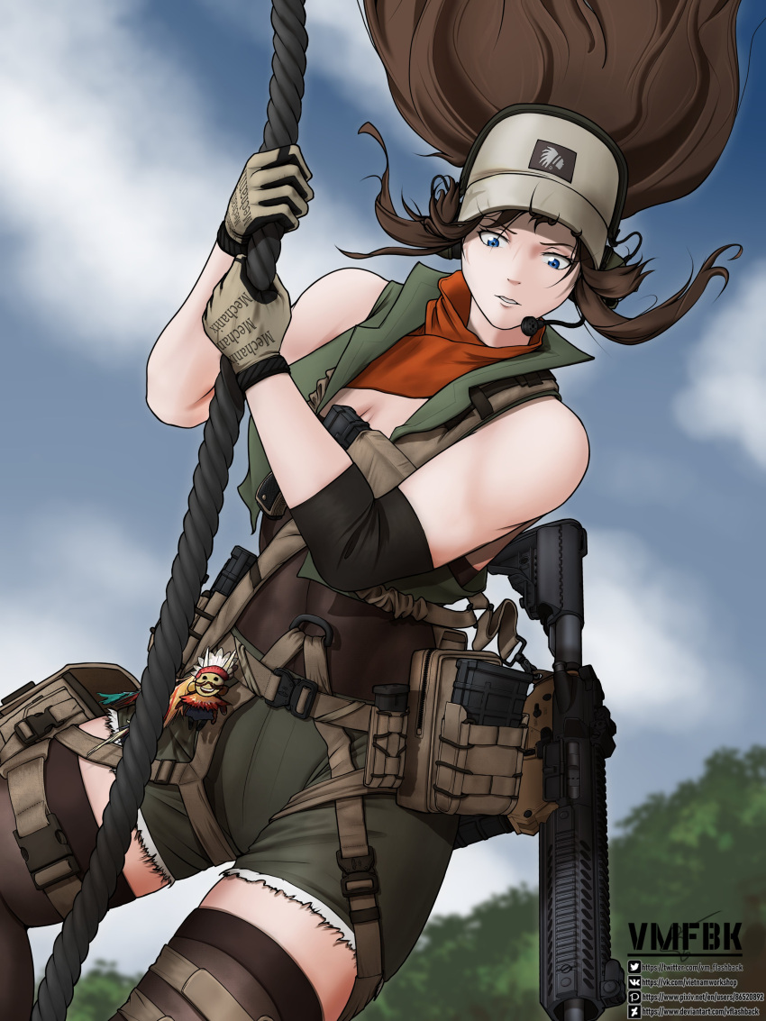 1girl, absurdres, artist_name, ascot, baseball_cap, blue_eyes, brown_hair, cm901_(girls'_frontline)