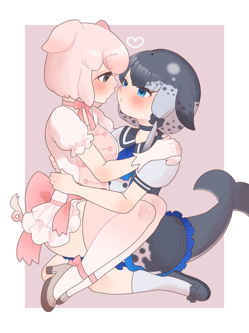 2girls, animal_ears, back_bow, black_choker, blue_eyes, blue_neckerchief, blush, bow