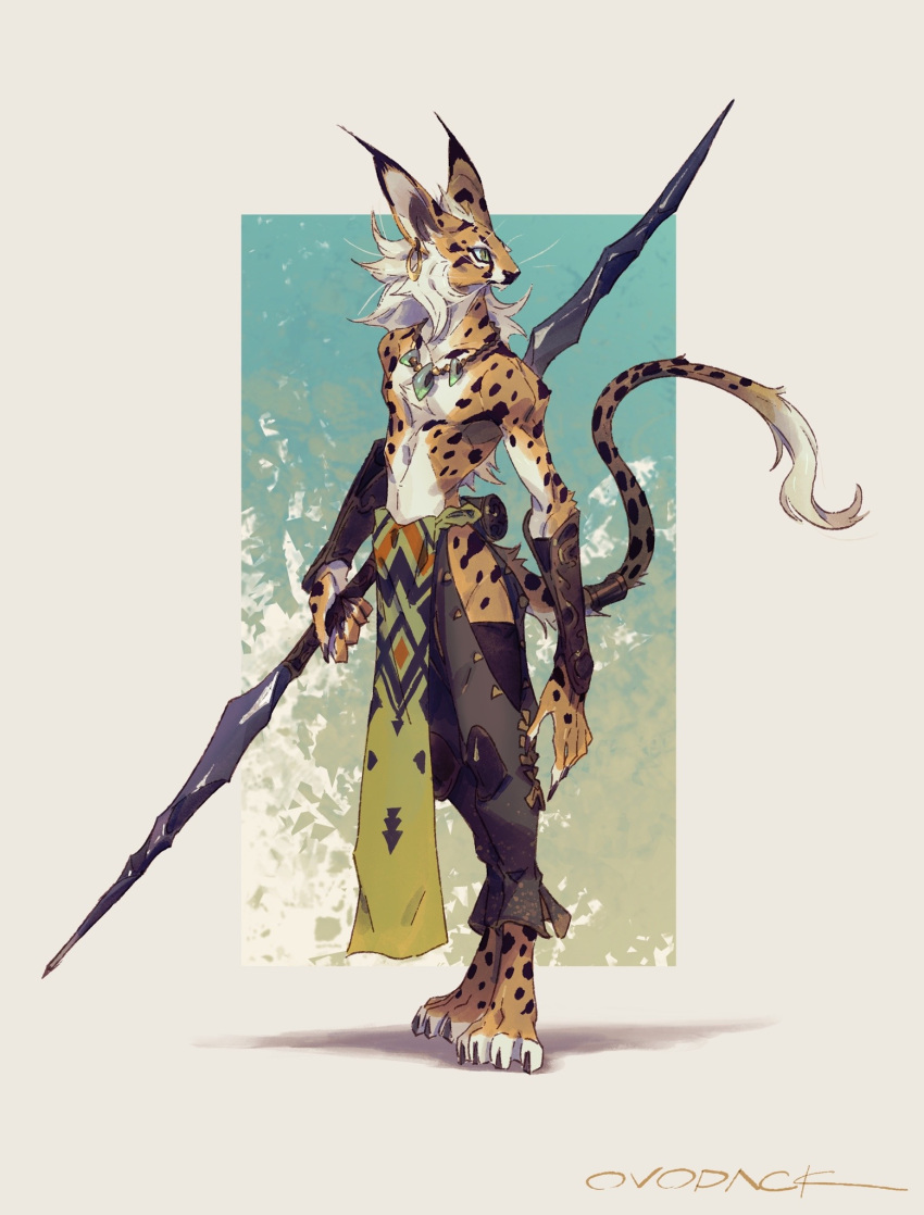 1boy, animal_ears, arm_at_side, artist_name, barefoot, black_pants, body_fur, border