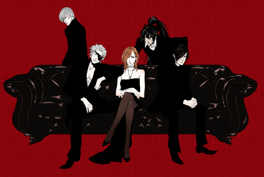 brown_legwear, chousokabe_motochika, crossed_legs, date_masamune, eyepatch, formal, ishida_mitsunari, maeda_keiji