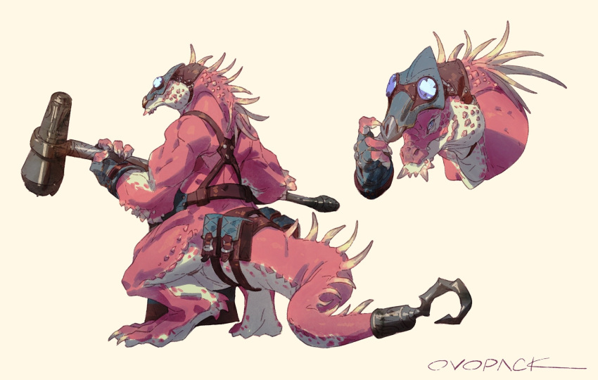 1boy, artist_name, blacksmith, blue_eyes, blue_gloves, chest_harness, claws, colored_skin