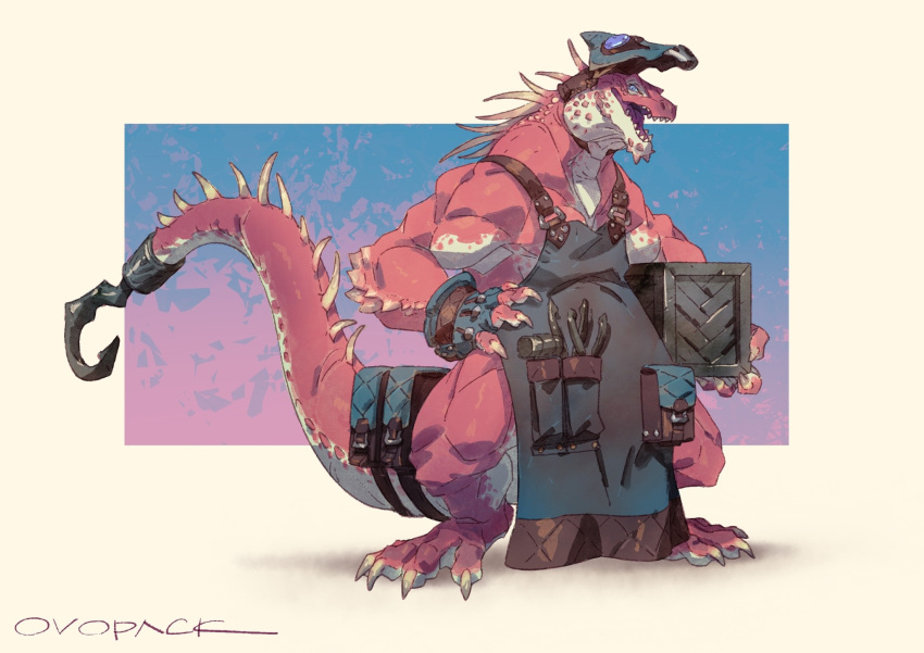1boy, apron, artist_name, barefoot, black_apron, blacksmith, blacksmith_tongs, blue_background, blue_eyes, blue_gloves, border, box, claws, colored_skin, crate, digitigrade, fewer_digits, fingerless_gloves, from_side, full_body, furry, furry_male, gloves, goggles, hand_on_own_hip, highres, holding, holding_box, hook, looking_at_viewer, male_focus, murayama_ryouta, muscular, muscular_male, open_mouth, original, outside_border, pocket, pouch, red_skin, reptile_boy, sharp_teeth, signature, simple_background, single_glove, smile, solo, spikes, standing, tail, tail_belt, teeth, visor_(armor), yellow_border