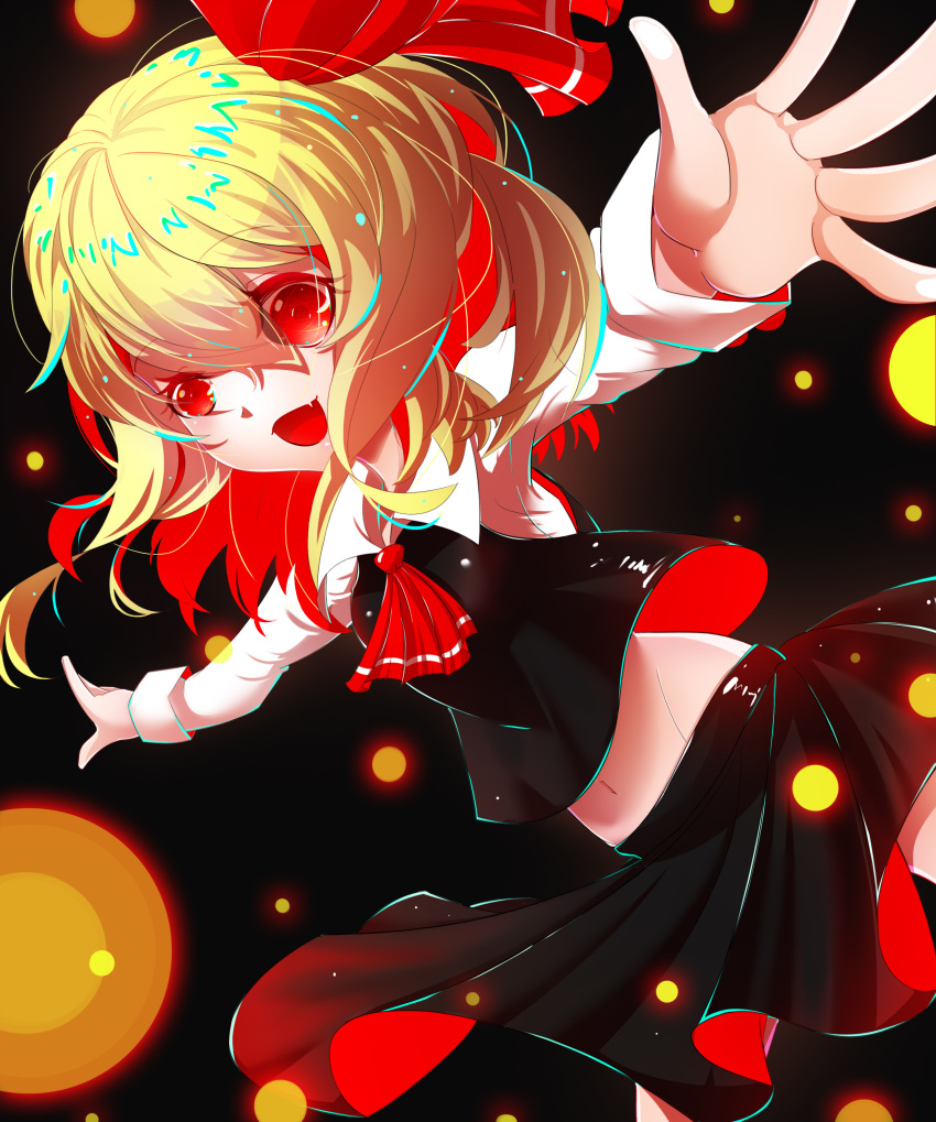 1girl, absurdres, black_background, black_skirt, black_vest, blonde_hair, collared_shirt, cowboy_shot, dark_background, fang, hair_between_eyes, highres, huang_j_xuan, long_sleeves, looking_at_viewer, medium_hair, navel, open_mouth, red_eyes, rumia, shirt, simple_background, skin_fang, skirt, solo, t-pose, touhou, touhou_cannonball, vest, white_shirt