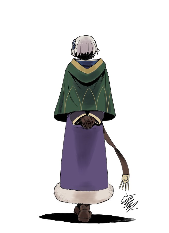 1girl, arms_behind_back, boots, brown_footwear, brown_gloves, capelet, commentary_request, dress
