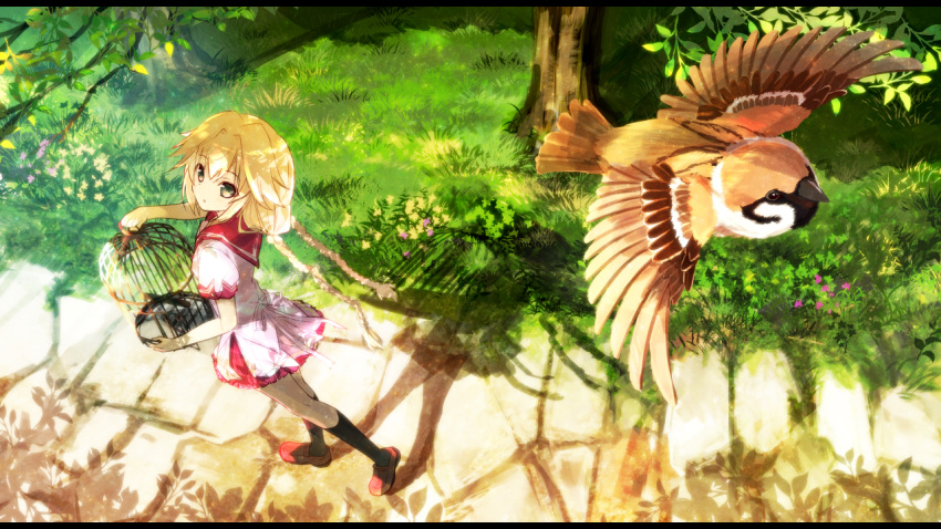 1girl, bird, birdcage, black_socks, blonde_hair, braid, brown_footwear, cage