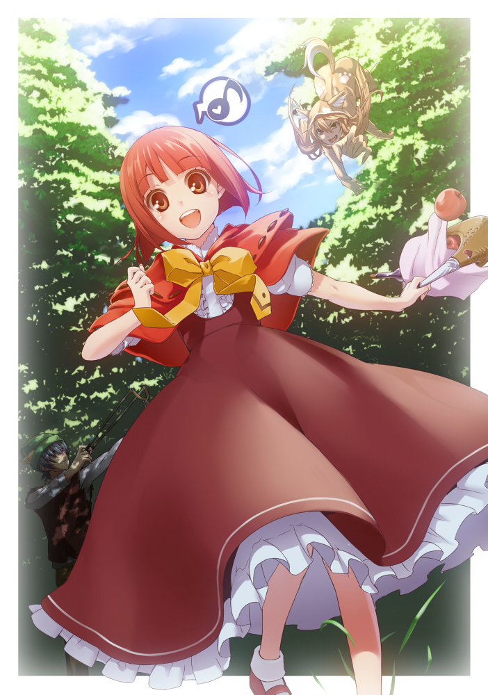 :d, animal_costume, animal_ears, apple, bangs, basket, big_bad_wolf_(grimm), blunt_bangs
