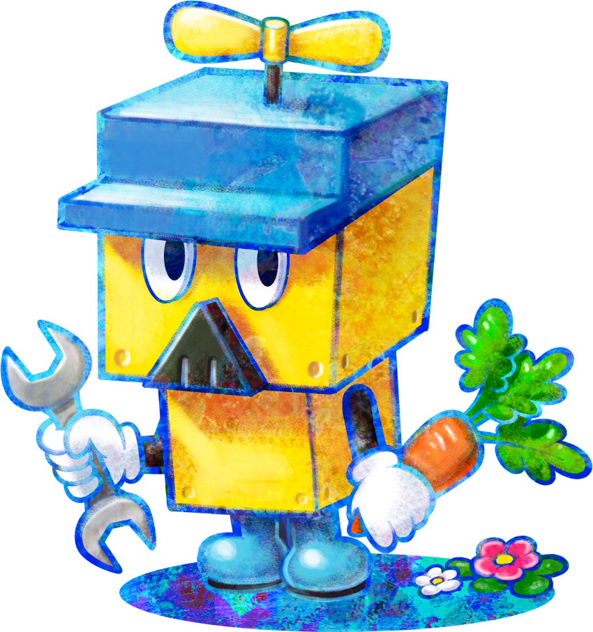 1boy, artist_request, black_eyes, blue_footwear, blue_headwear, blue_outline, boots, brickle, carrot, cube, facial_hair, flower, full_body, gloves, highres, holding, holding_carrot, holding_wrench, looking_at_viewer, male_focus, mario_&amp;_luigi:_dream_team, mario_&amp;_luigi_rpg, mustache, official_art, outline, pink_flower, propeller, propeller_hat, solo, super_mario_bros., transparent_background, white_flower, white_gloves, wrench