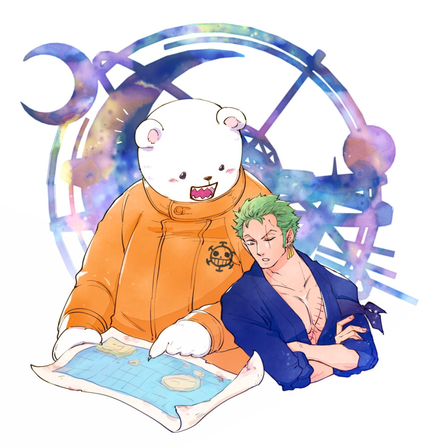2boys, bandana_around_arm, bear, bepo, chabo_(niwatori_bosori), crossed_arms, green_hair, highres