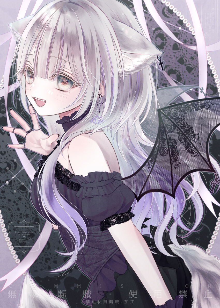 1girl, animal_ear_piercing, aqua_eyes, ayane_(vtuber), black_skirt, black_wings, chiba_megumu, commentary, commission, demon_wings, doll_joints, gradient_hair, grey_hair, grey_shirt, highres, indie_virtual_youtuber, joints, long_hair, multicolored_hair, open_mouth, purple_hair, shirt, skeb_commission, skirt, smile, solo, symbol-only_commentary, virtual_youtuber, wings