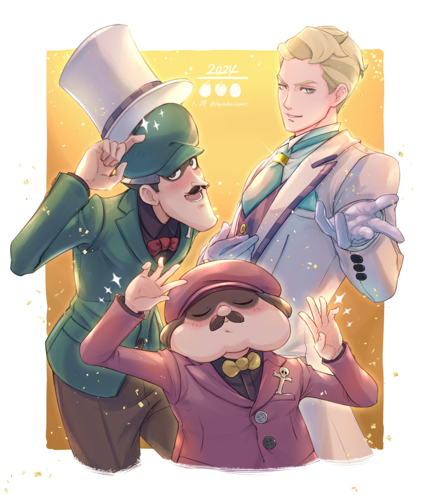2024, 3boys, absurdres, ace_attorney, artist_name, ashley_graydon, beret, black_collar