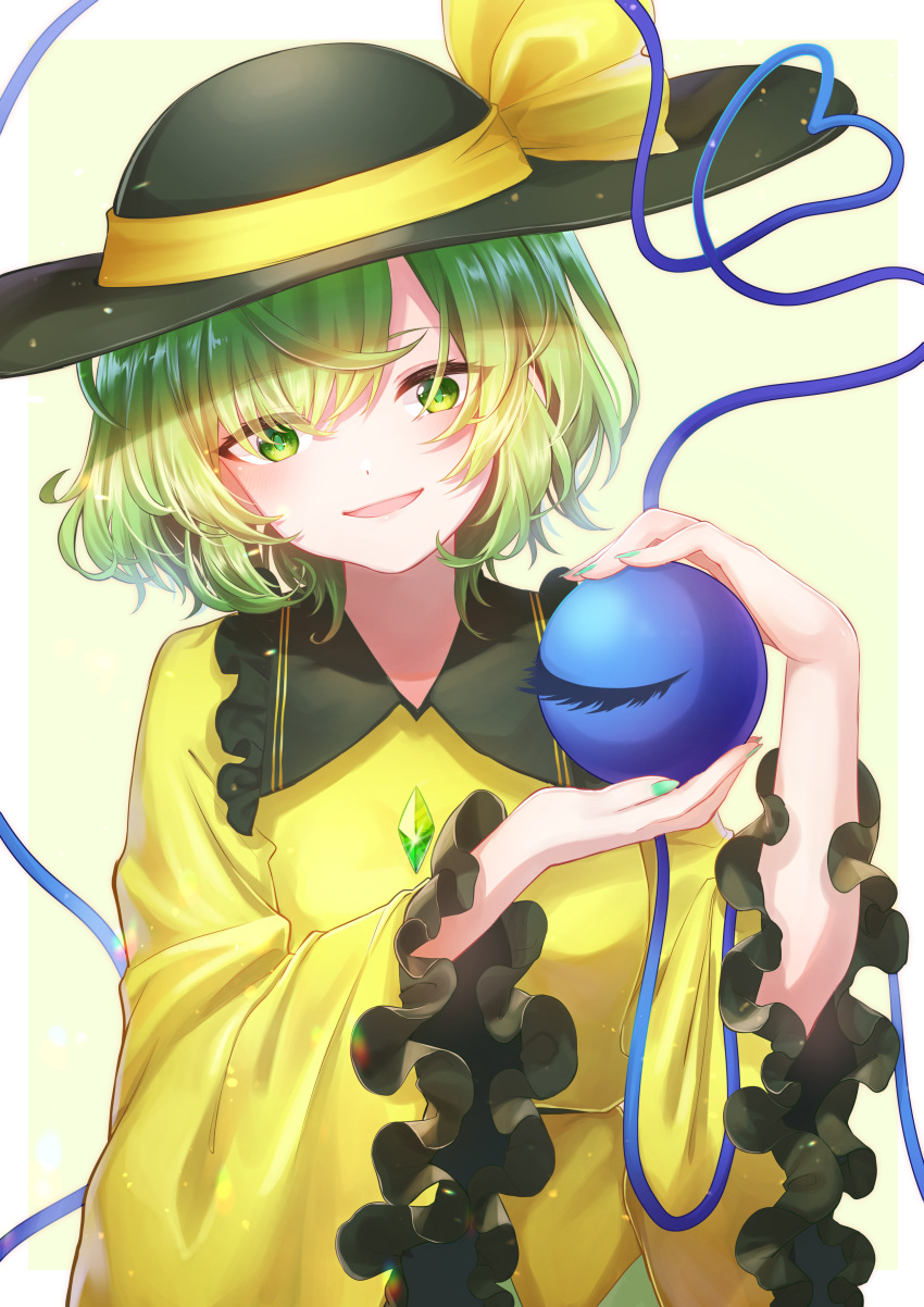1girl, absurdres, acchun, black_headwear, buttons, commentary, diamond_button, eyeball