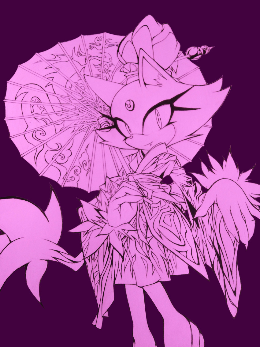 1girl, absurdres, animal_ears, blaze_the_cat, cat_ears, cat_girl, cat_tail, claws, fang, flame_print, forehead_jewel, furry, furry_female, hair_bun, hair_ornament, highres, japanese_clothes, kimono, looking_at_viewer, neo_(blazykun), oil-paper_umbrella, smile, sonic_(series), tail, umbrella