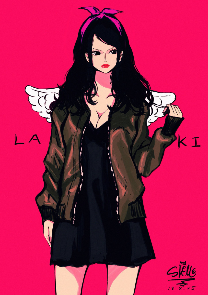 1girl, black_dress, black_hair, brown_jacket, character_name, commentary, cowboy_shot, dated