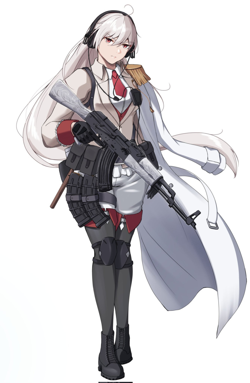 1girl, akm, assault_rifle, black_gloves, citrus7763, coat, gloves, gun, highres, kalashnikov_rifle, lapels, long_hair, looking_at_viewer, magazine_(weapon), military_uniform, necktie, original, pants, red_necktie, rifle, serious, shirt, solo, trigger_discipline, uniform, very_long_hair, weapon, white_background, white_coat, white_hair, white_pants, white_shirt