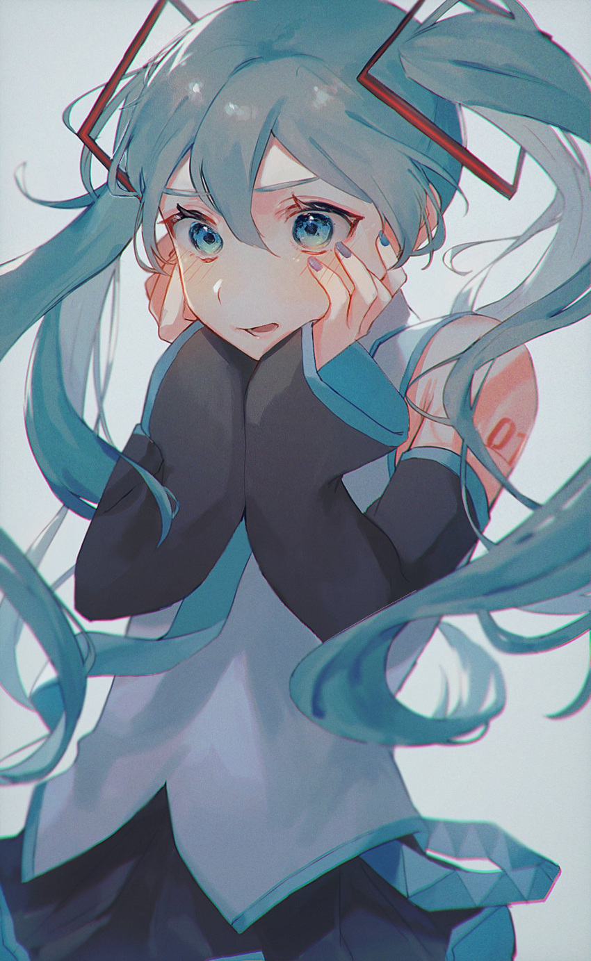 1girl, arm_tattoo, black_sleeves, blue_eyes, blue_hair, blue_nails, blue_necktie, blush