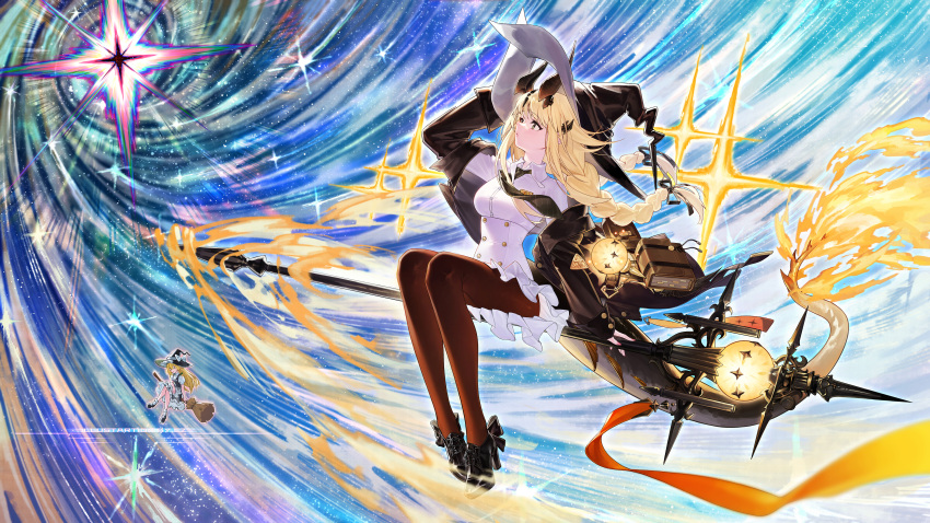 2girls, absurdres, arknights, black_dress, blonde_hair, book, braid, broom
