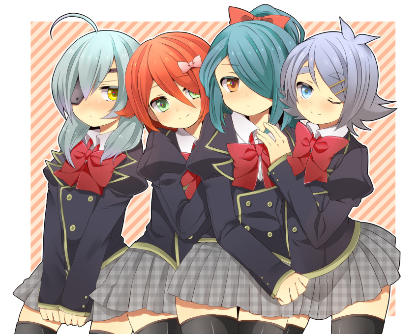 bad_id, blue_hair, blush, bow, crossdressinging, eyebrows, eyepatch, fubuki_shirou, green_eyes, hair_over_one_eye, highres, inazuma_eleven, kazemaru_ichirouta, kiyama_hiroto, long_hair, male, miniskirt, multiple_boys, norio_kkk, red_hair, redhead, ribbon, sakuma_jirou, school_uniform, short_hair, skirt, thigh-highs, thighhighs, trap, white_hair