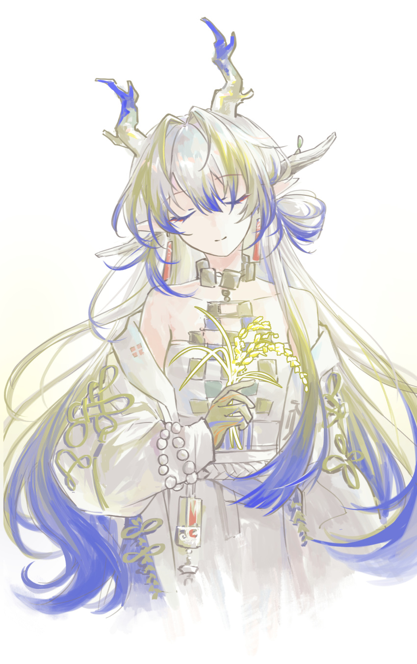 1girl, arknights, bead_bracelet, beads, blonde_hair, blue_hair, bracelet, closed_eyes