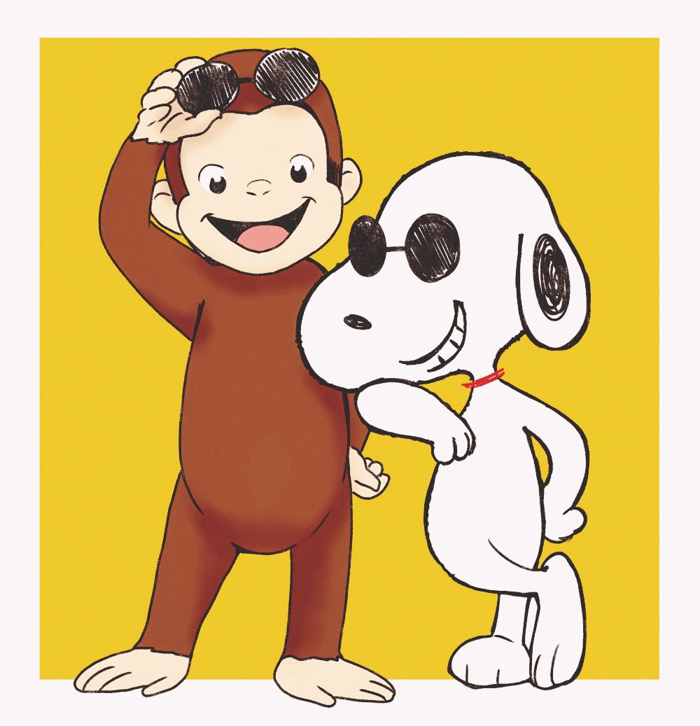 adjusting_eyewear, animal_ears, animal_focus, black_eyes, border, choker, commentary_request, crossed_legs, crossover, curious_george, dog, dog_ears, floppy_ears, full_body, furry, george_(curious_george), grin, hand_on_eyewear, hand_on_own_hip, leaning_on_person, looking_at_viewer, monkey, no_humans, open_mouth, peanuts, red_choker, round_eyewear, simple_background, smile, snoopy, straight-on, sunglasses, white_border, witoi_(roa), yellow_background