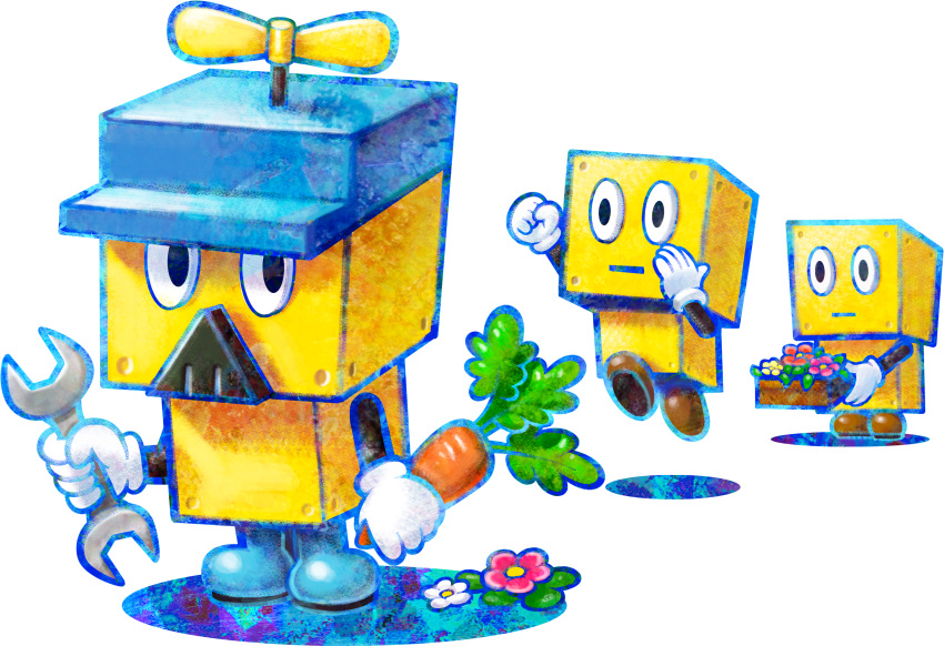 1boy, arm_up, artist_request, black_eyes, blue_footwear, blue_headwear, blue_outline, boots, brickle, brock_(mario), carrot, clenched_hand, closed_mouth, cube, expressionless, facial_hair, fist_pump, flower, flower_bed, flower_pot, full_body, gender_request, gloves, hand_on_own_cheek, hand_on_own_face, highres, holding, holding_carrot, holding_flower_pot, holding_wrench, jumping, looking_at_viewer, male_focus, mario_&amp;_luigi:_dream_team, mario_&amp;_luigi_rpg, mustache, official_art, outline, pink_flower, propeller, propeller_hat, red_flower, solo, super_mario_bros., transparent_background, white_flower, white_gloves, wrench