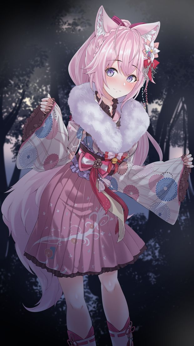 1girl, animal_ears, antenna_hair, blush, bow, braid, closed_mouth, commentary_request, crown_braid, double-parted_bangs, feet_out_of_frame, floral_print, floral_print_kimono, frilled_kimono, frilled_sleeves, frills, fur_scarf, hakama, hakama_skirt, hakui_koyori, hakui_koyori_(new_year), hololive, japanese_clothes, kimono, leaning_forward, long_hair, long_sleeves, looking_at_viewer, medium_skirt, mp150_plus, nail_polish, official_alternate_costume, paid_reward_available, pinching_sleeves, pink_bow, pink_hair, pink_nails, pink_skirt, pleated_skirt, print_kimono, ribbon-trimmed_legwear, ribbon_trim, scarf, skirt, sleeveless, sleeveless_kimono, smile, socks, solo, tail, very_long_hair, violet_eyes, virtual_youtuber, w_arms, waist_bow, white_kimono, white_scarf, white_socks, wolf_ears, wolf_tail