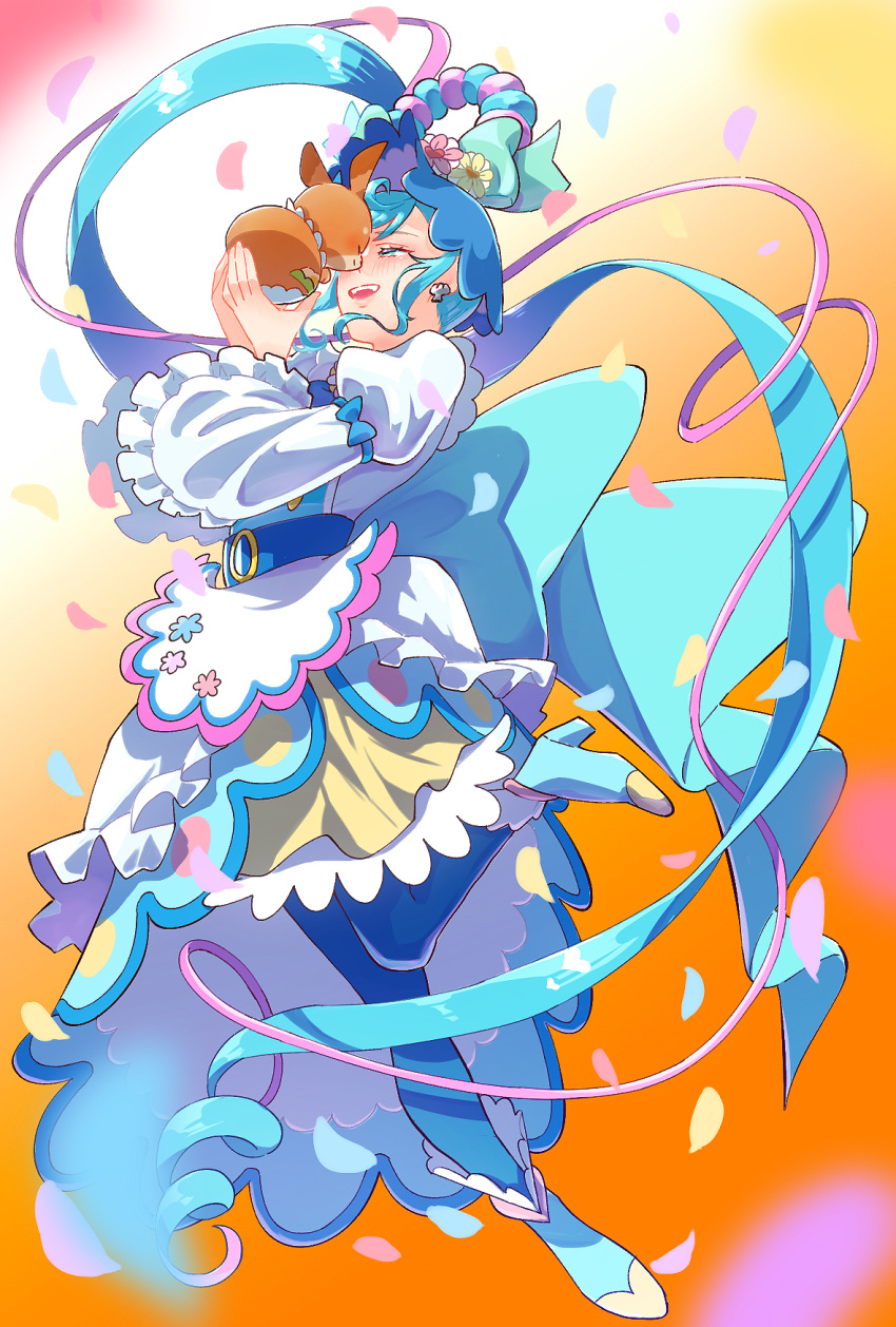 1girl, animal, blue_footwear, blue_hair, blue_pantyhose, boots, closed_eyes, cure_spicy