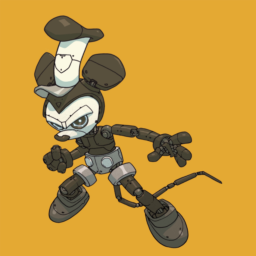 1920s_(style), 1boy, animal_ears, commentary, english_commentary, greyscale, greyscale_with_colored_background, highres, jake_parker, male_focus, mickey_mouse, mickey_mouse_&amp;_friends, monochrome, mouse_boy, mouse_ears, mouse_tail, non-humanoid_robot, parody, robot, simple_background, solo, steamboat_willie, tail, white_headwear, yellow_background