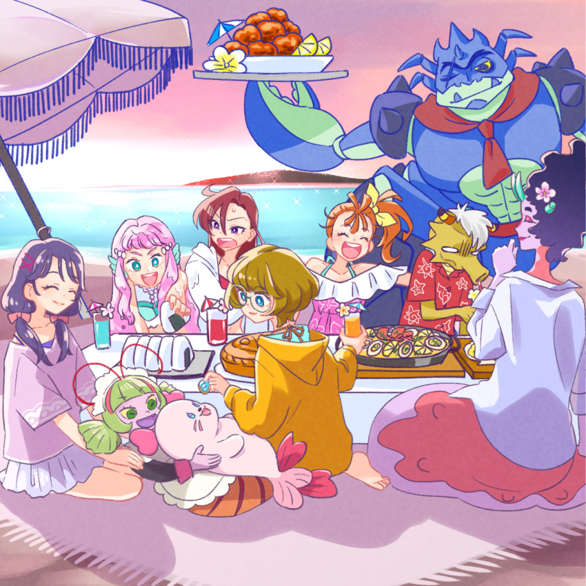 2boys, 6+girls, :d, barefoot, beach, beach_umbrella, blanket, blue_eyes