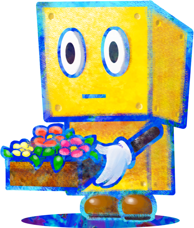 artist_request, black_eyes, black_sleeves, blue_outline, brock_(mario), brown_footwear, closed_mouth, cube