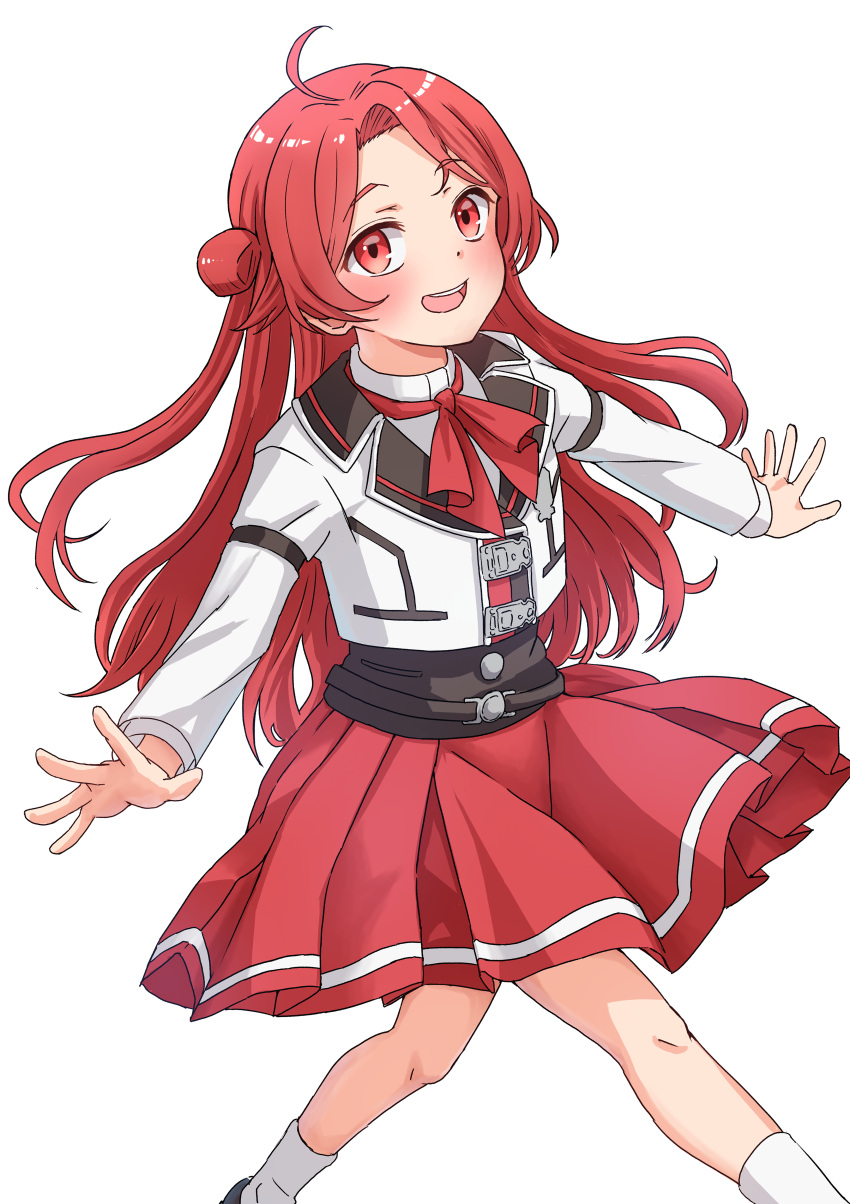 1girl, absurdres, ahoge, black_corset, blush, child, christina_greyrat, corset, feet_out_of_frame, flat_chest, hair_bun, highres, jacket, long_hair, looking_at_viewer, mushoku_tensei, neck_ribbon, ranoa_magic_academy_school_uniform, red_eyes, red_ribbon, red_skirt, redhead, ribbon, school_uniform, simple_background, single_side_bun, skirt, smile, socks, solo, syagare, teeth, upper_teeth_only, walking, white_background, white_jacket, white_socks