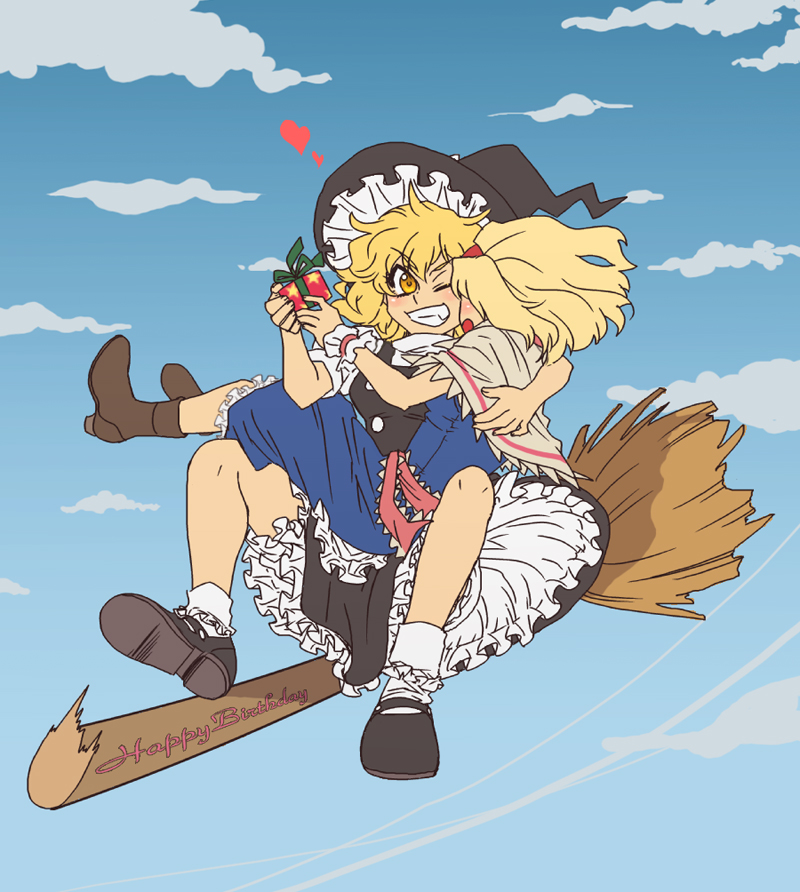 alice_margatroid, blonde_hair, blush, broom, broom_riding, carrying, gift, grin