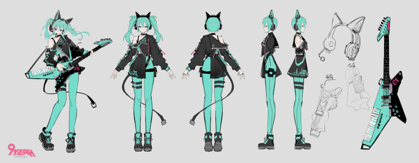 1girl, alternate_costume, animal_ear_headphones, animal_ears, aqua_eyes, aqua_leggings, asymmetrical_jacket, asymmetrical_skirt