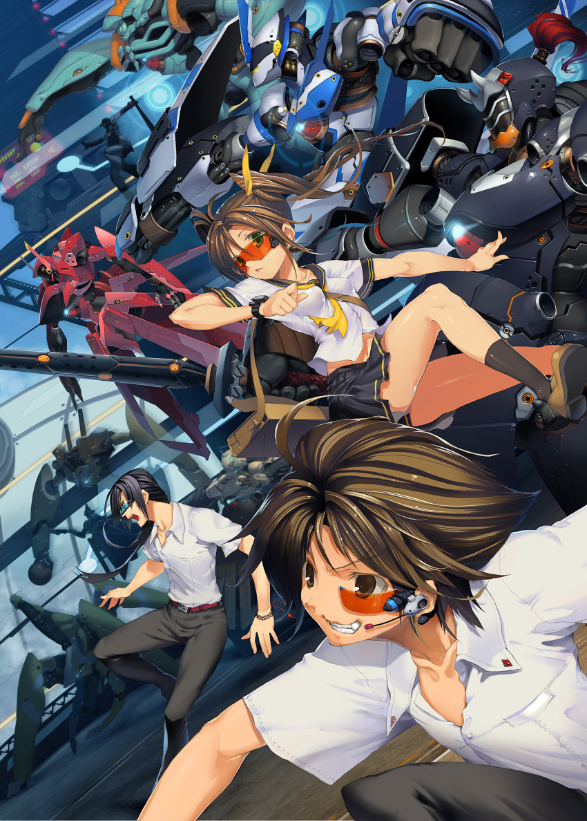 baseball_bat, headset, highres, masa-koba, mecha, original, school_uniform, serafuku