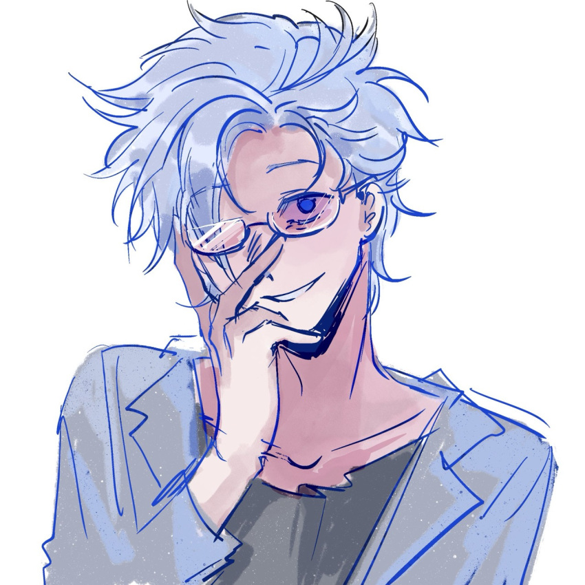 1boy, blue_eyes, chinese_commentary, closed_mouth, collarbone, commentary_request, grey_hair, grey_shirt, hand_on_own_face, highres, kanou_aogu, lab_coat, long_sleeves, male_focus, moshizhi70303, open_clothes, saibou_shinkyoku, sanpaku, shirt, short_hair, simple_background, smile, solo, white_background