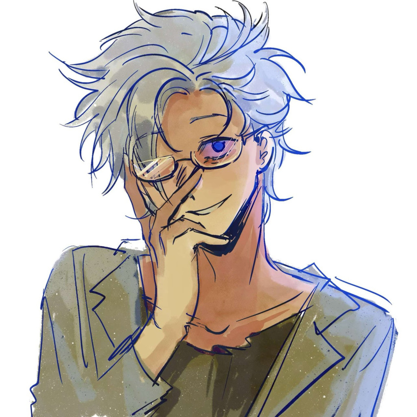 1boy, blue_eyes, chinese_commentary, closed_mouth, collarbone, commentary_request, grey_hair, grey_shirt, hand_on_own_face, highres, kanou_aogu, lab_coat, long_sleeves, male_focus, moshizhi70303, open_clothes, saibou_shinkyoku, sanpaku, shirt, short_hair, simple_background, smile, solo, white_background