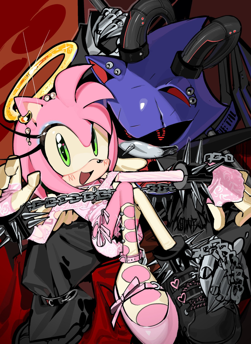 1boy, 1girl, alternate_costume, amy_rose, angel, angel_and_devil, animal_nose, armor