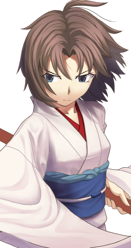 blue_eyes, brown_hair, japanese_clothes, kara_no_kyoukai, kimono, portrait, ryougi_shiki, serious, short_hair, simple_background, solo, takahito, tsurime