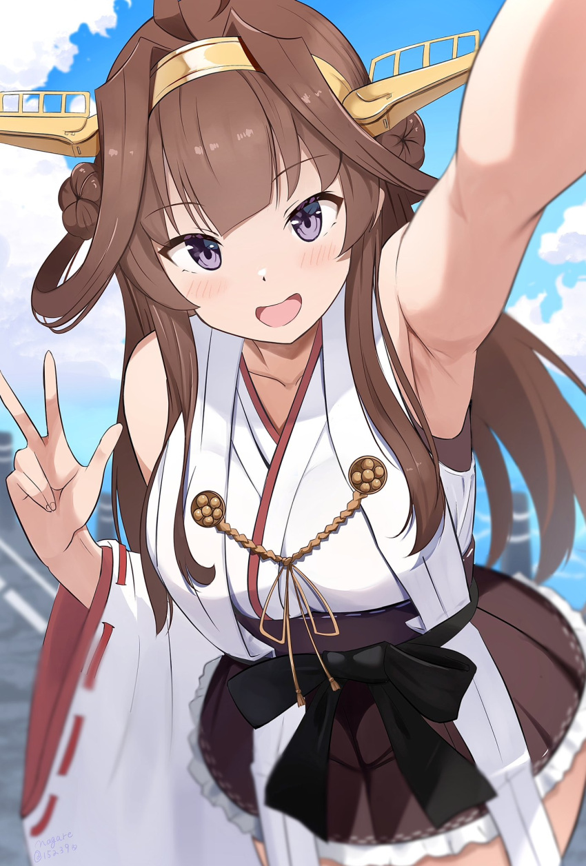 1girl, ahoge, arm_up, armpits, bare_shoulders, blush, breasts, brown_hair