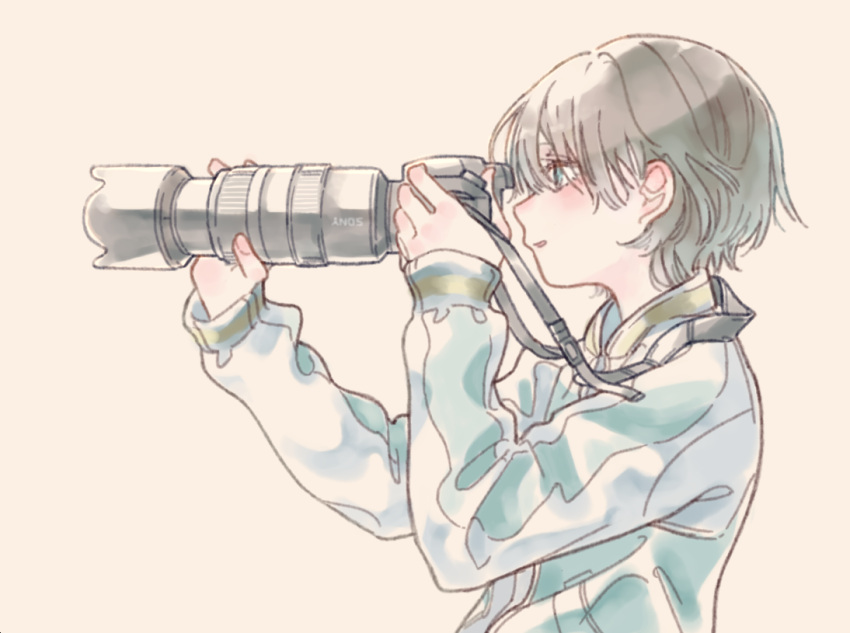 1girl, ajomo, blue_eyes, blue_jacket, brown_hair, camera, dslr, hands_up